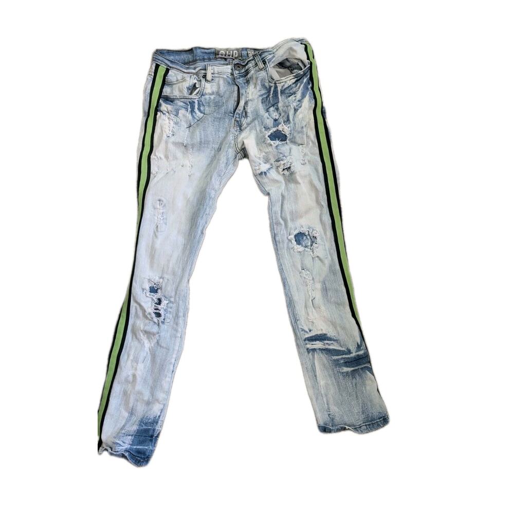 AHP Another Hype Piece Distressed Moto Jeans Blue Light Wash Green Side Stripes